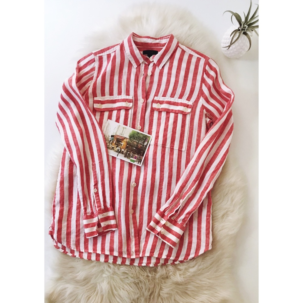 J CREW Red striped linen button up